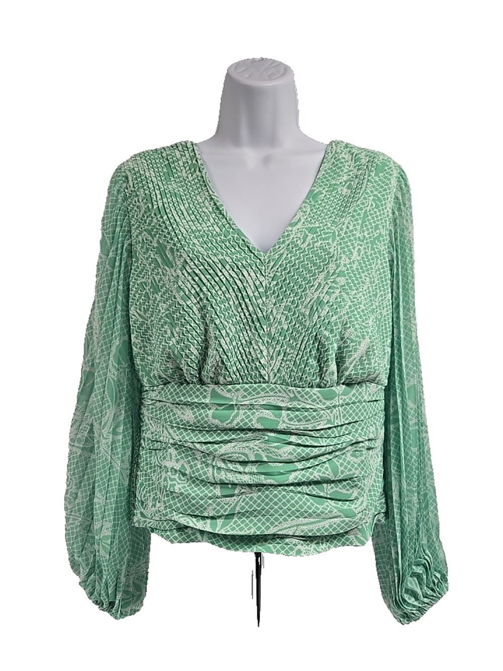 White House Black Market Womens Blouse Green Pleated Vneck Size 6 New